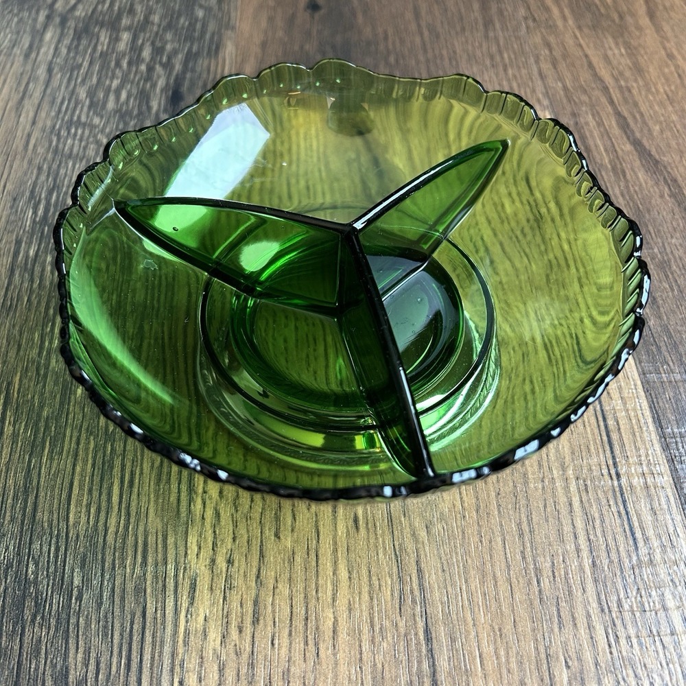 Vintage Cambridge Forest Green Gadroon 3-Part Relish Dish Farber Bros Base - Picture 9 of 9